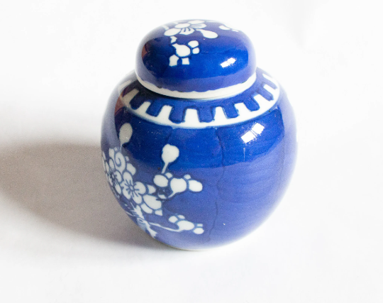 Blue and White Prunus Pattern Small Lidded Ginger Jar