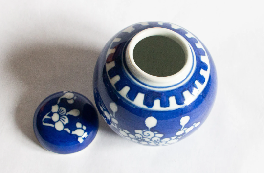 Blue and White Prunus Pattern Small Lidded Ginger Jar