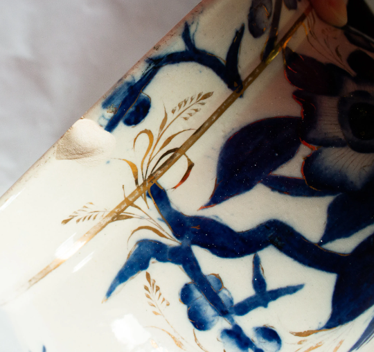 Antique Blue and White Transferware Chamber Pot with Gold Detail,