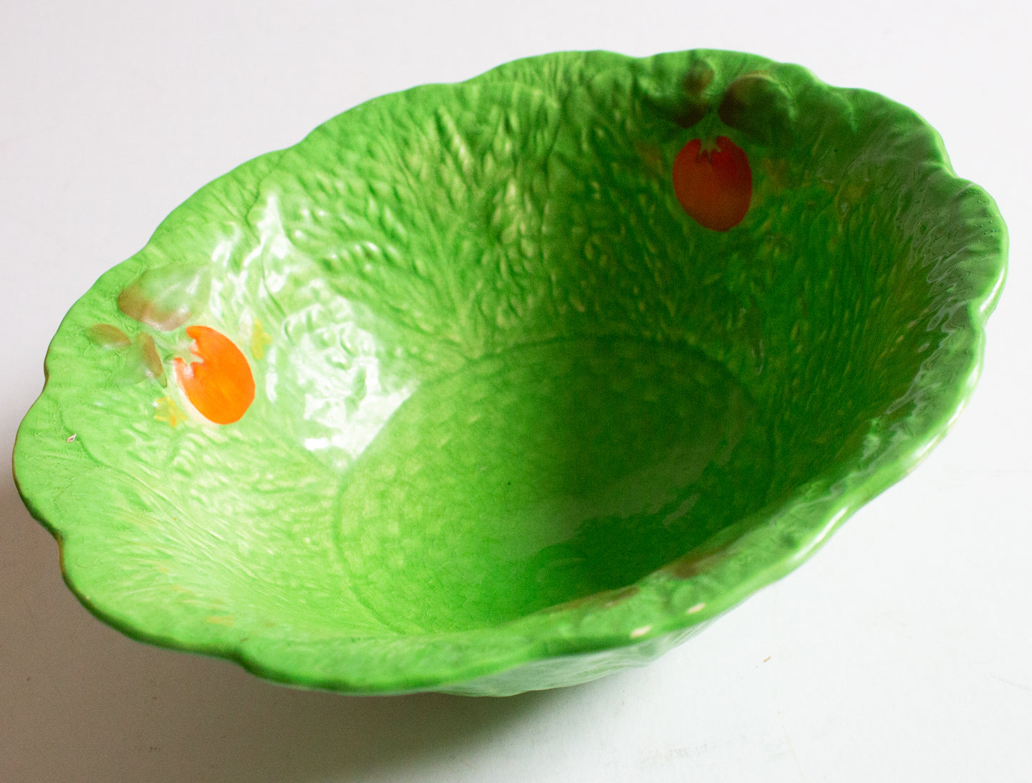 Vintage Crown Devon Fieldings Green Majolica Leaf Tomato Serving Dish
