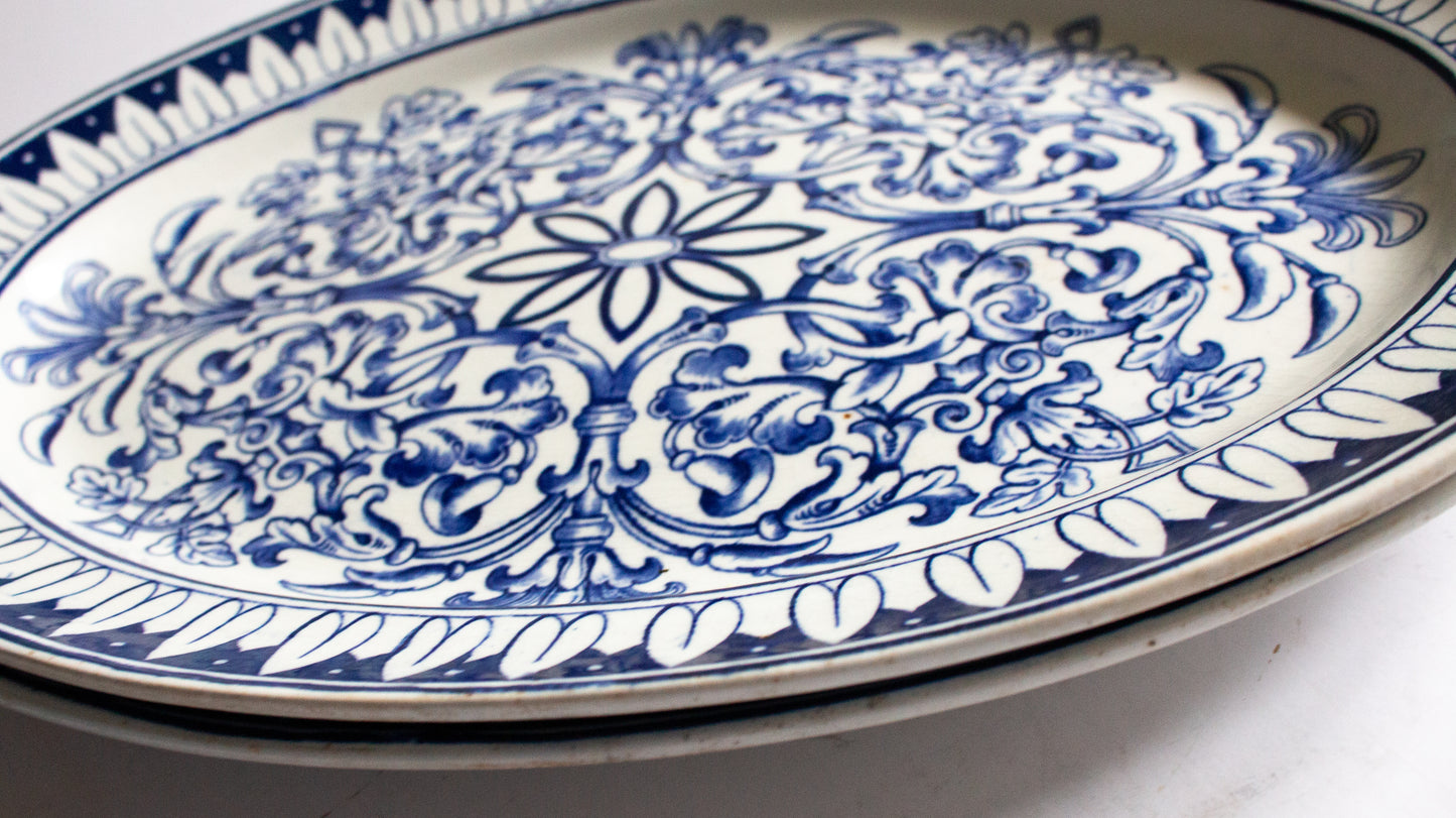 Brown Westhead Moore 'Teutonic' Pattern Blue and White Transferware Serving Platters (2)