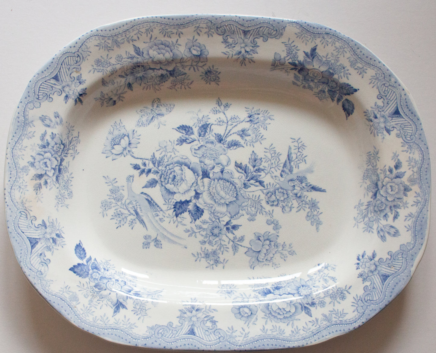 Antique Bovey Tracey 'Asiatic Pheasants' Blue and White Transferware Meat Platter