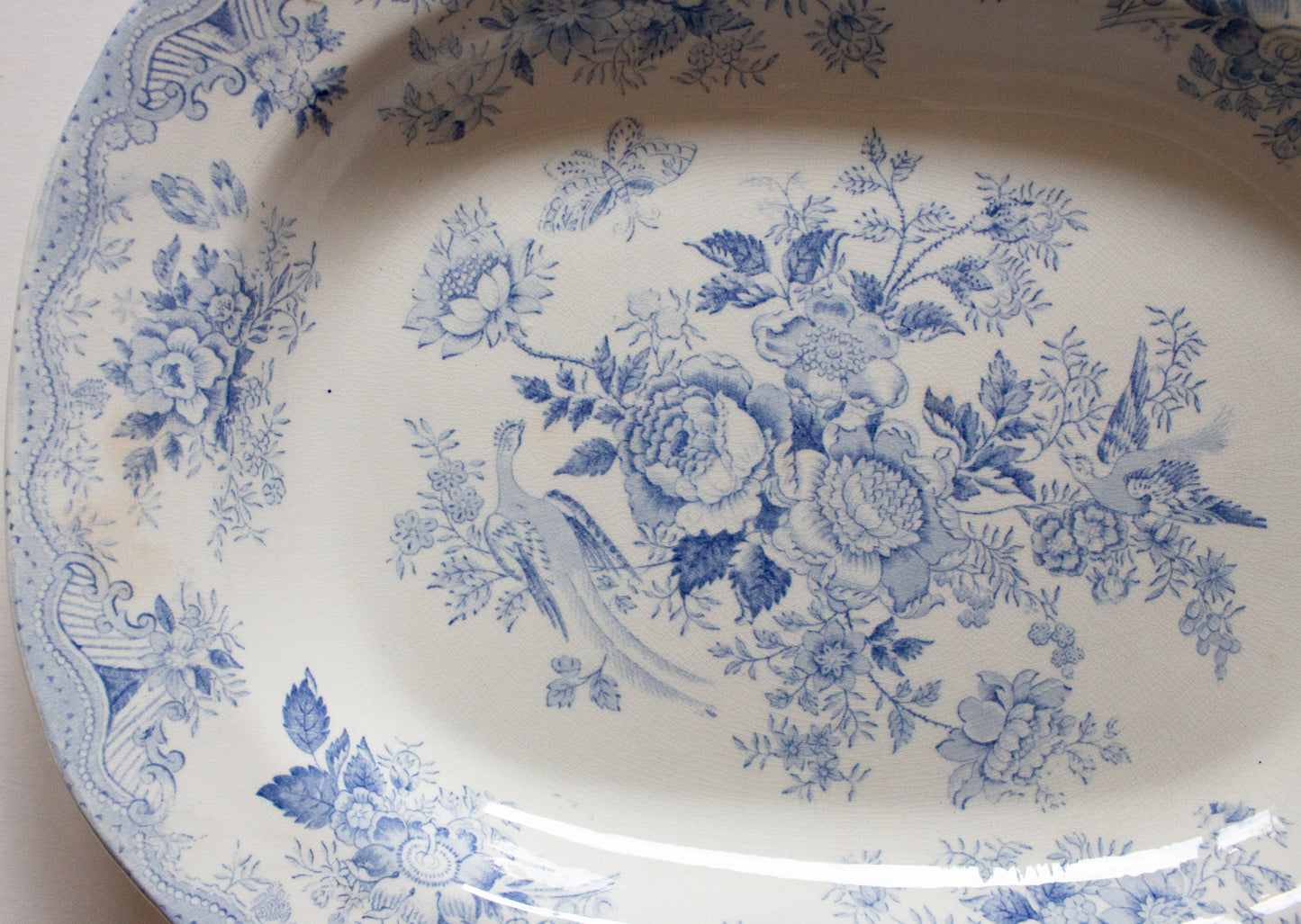 Antique Bovey Tracey 'Asiatic Pheasants' Blue and White Transferware Meat Platter