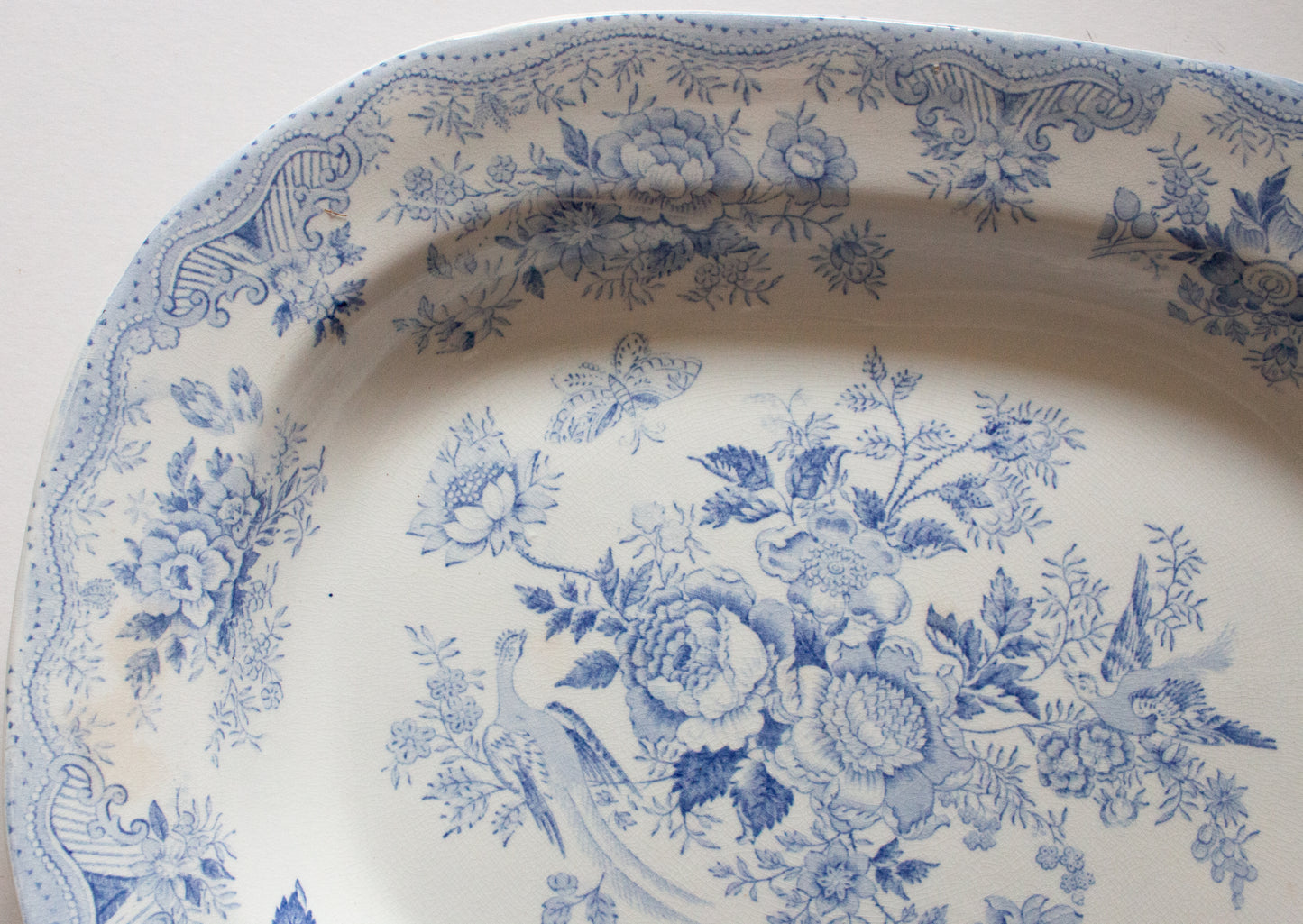 Antique Bovey Tracey 'Asiatic Pheasants' Blue and White Transferware Meat Platter