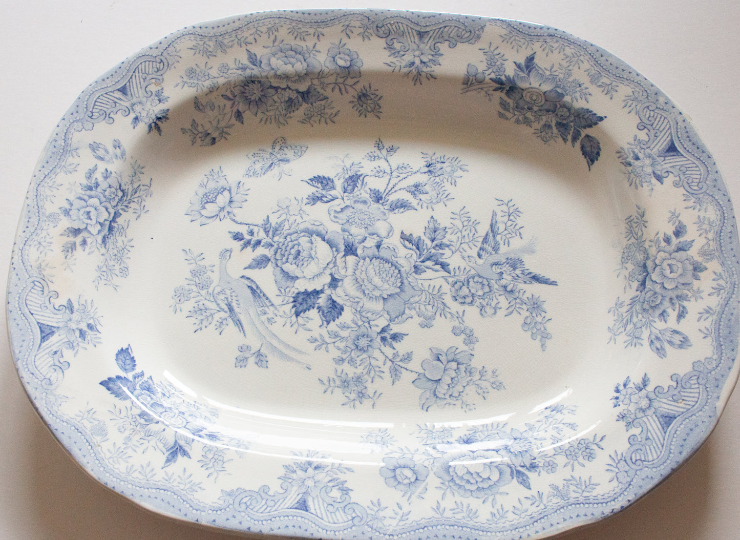 Antique Bovey Tracey 'Asiatic Pheasants' Blue and White Transferware Meat Platter
