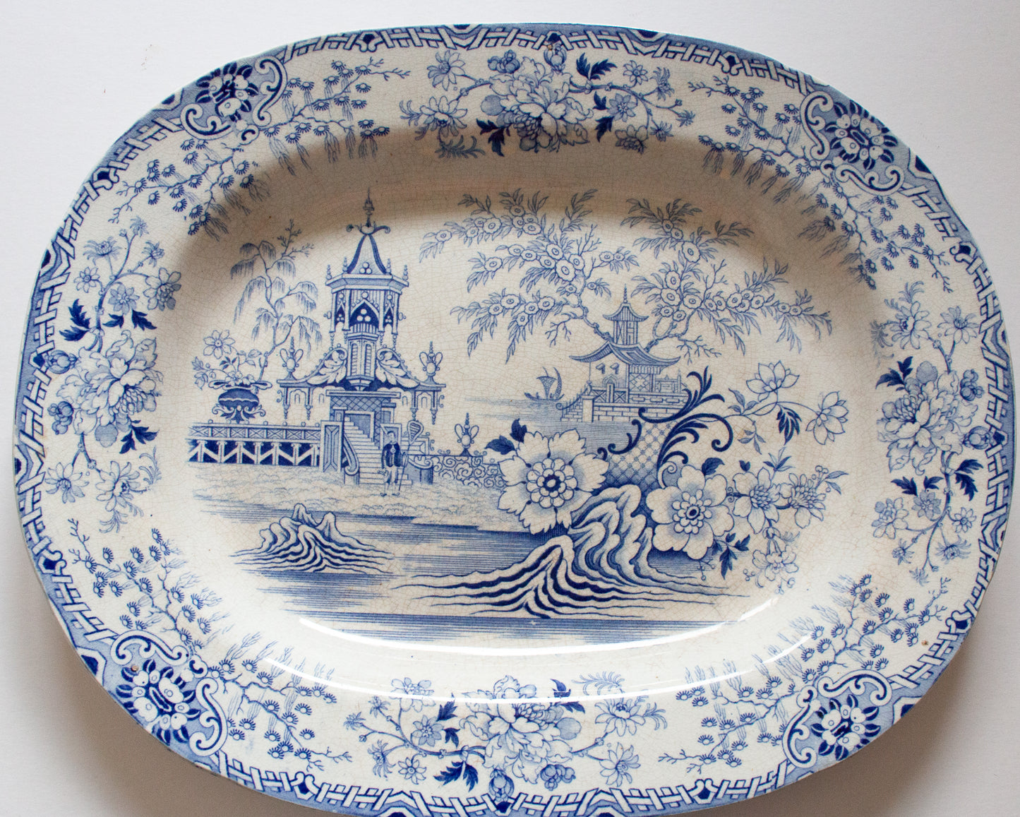 Antique Pagoda Pattern Blue and White Transferware Meat Platter