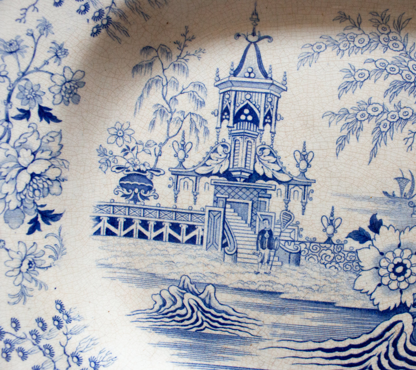 Antique Pagoda Pattern Blue and White Transferware Meat Platter