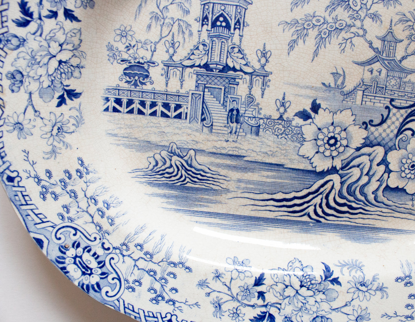 Antique Pagoda Pattern Blue and White Transferware Meat Platter