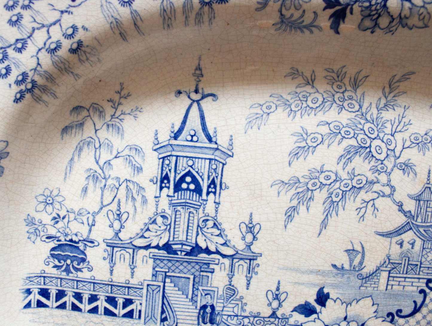 Antique Pagoda Pattern Blue and White Transferware Meat Platter