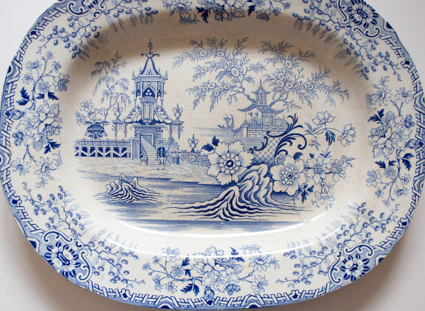 Antique Pagoda Pattern Blue and White Transferware Meat Platter