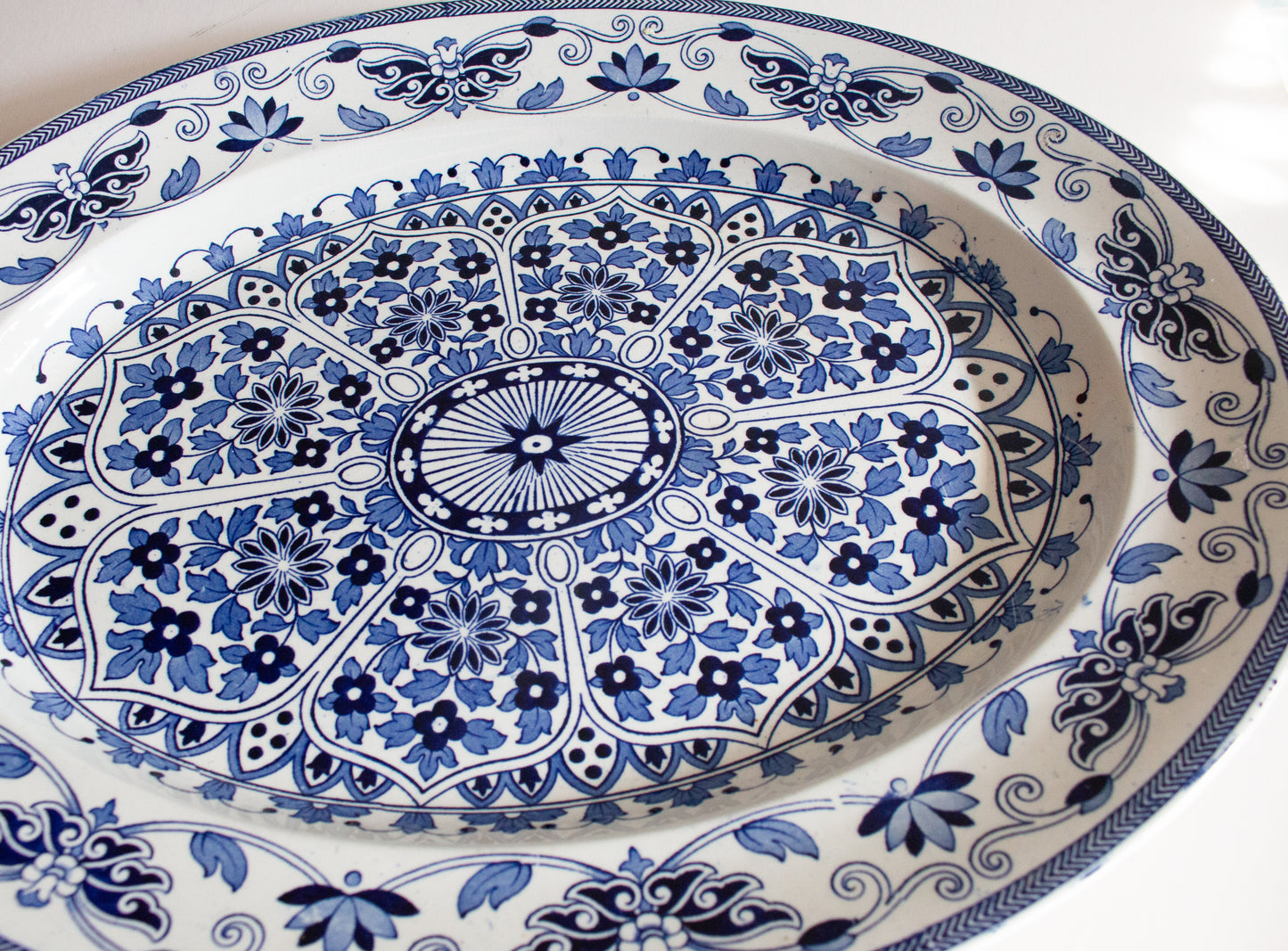 Antique Thomas Booth & Son 'Indian Ornament' Pattern Large Blue and White Transferware Meat Platter