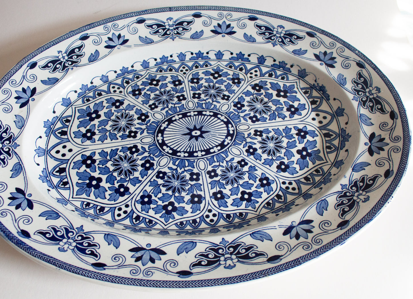 Antique Thomas Booth & Son 'Indian Ornament' Pattern Large Blue and White Transferware Meat Platter