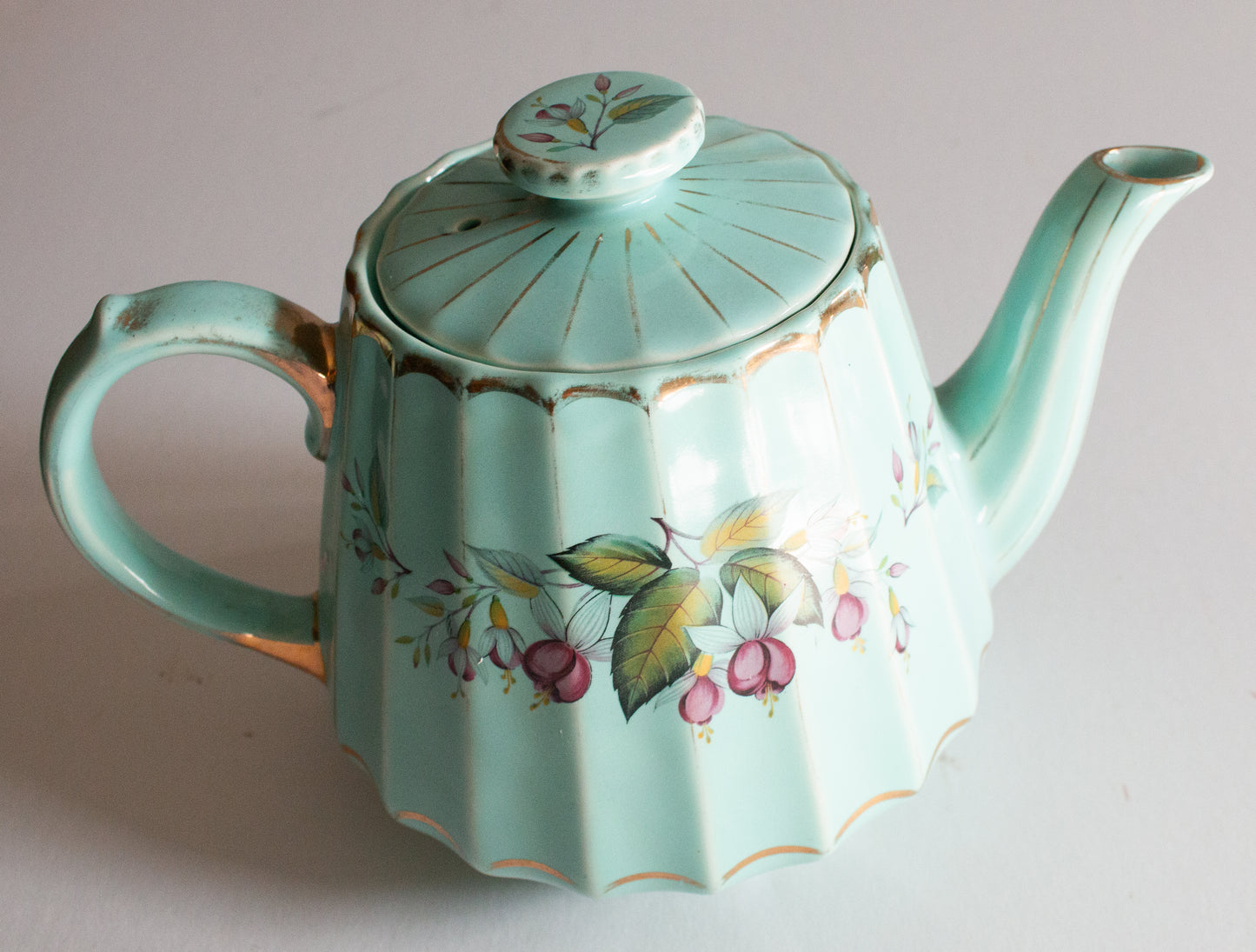 Vintage Sadler China Jade Green Teapot with Floral Detail
