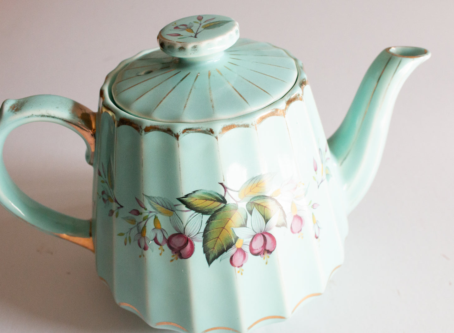 Vintage Sadler China Jade Green Teapot with Floral Detail