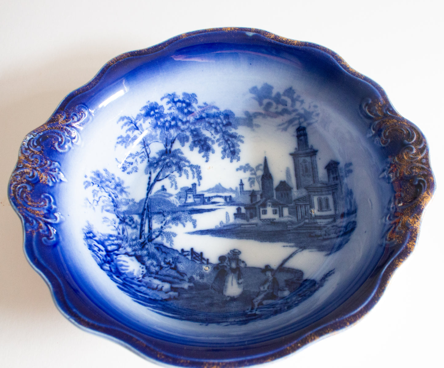 Antique Barkers & Kent 'Florence' Pattern Flow Blue and White Transferware Serving Bowl