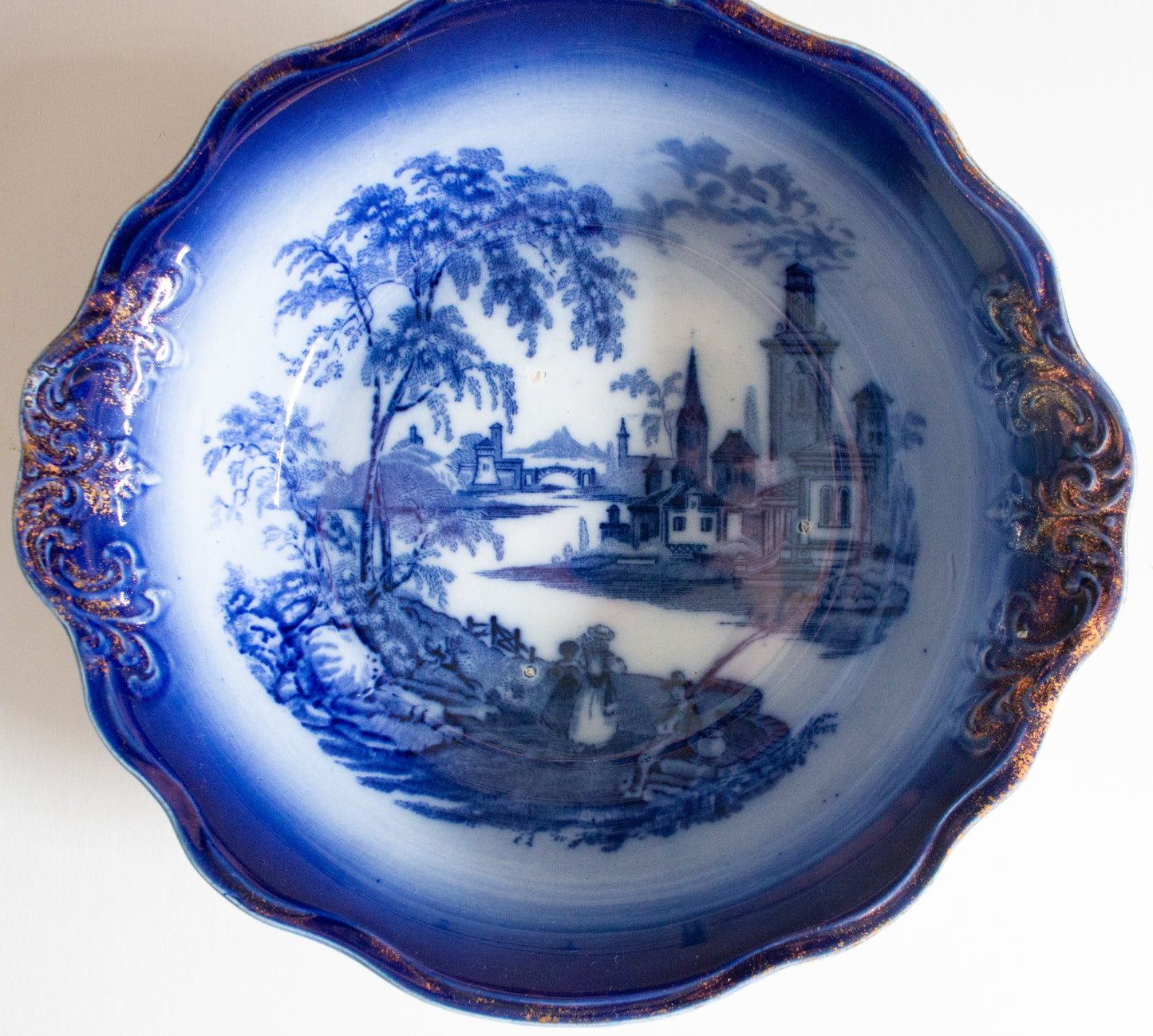 Antique Barkers & Kent 'Florence' Pattern Flow Blue and White Transferware Serving Bowl