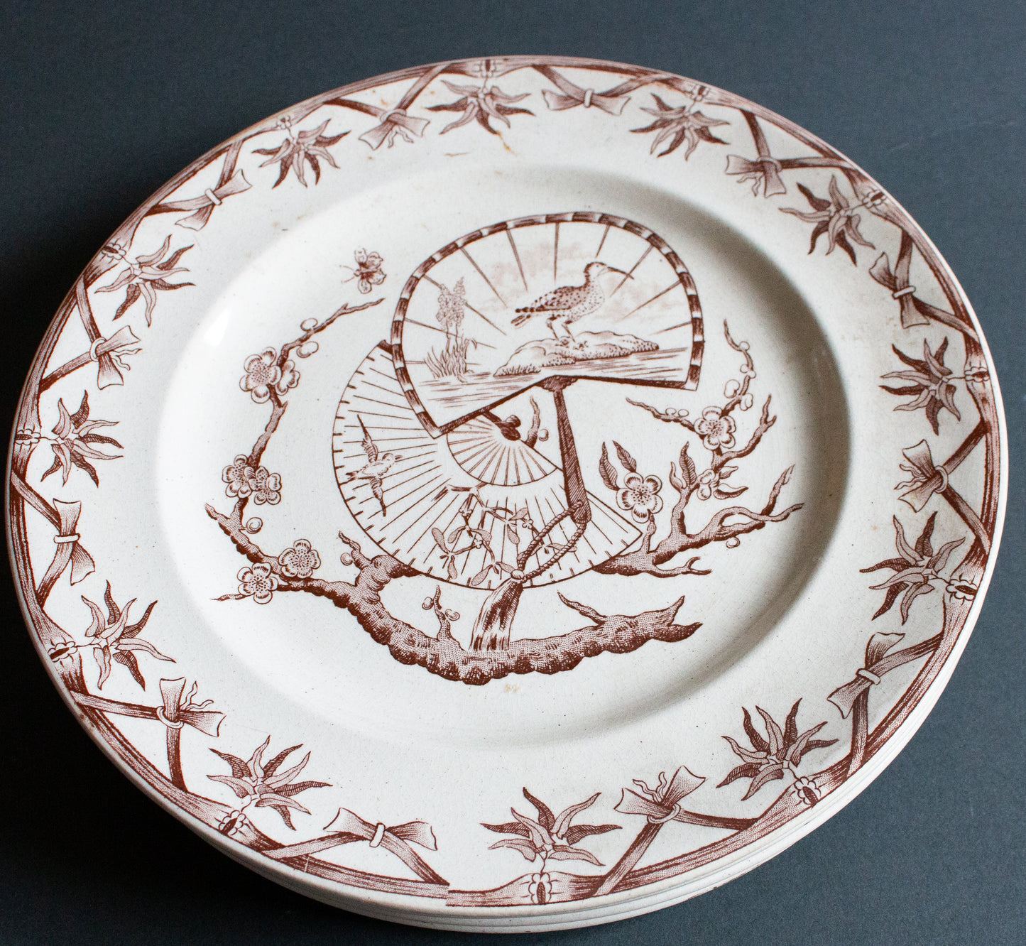 Bovey Tracey Potteries 'Fan' Pattern Brown and White Transferware 9.5" Plates (4)