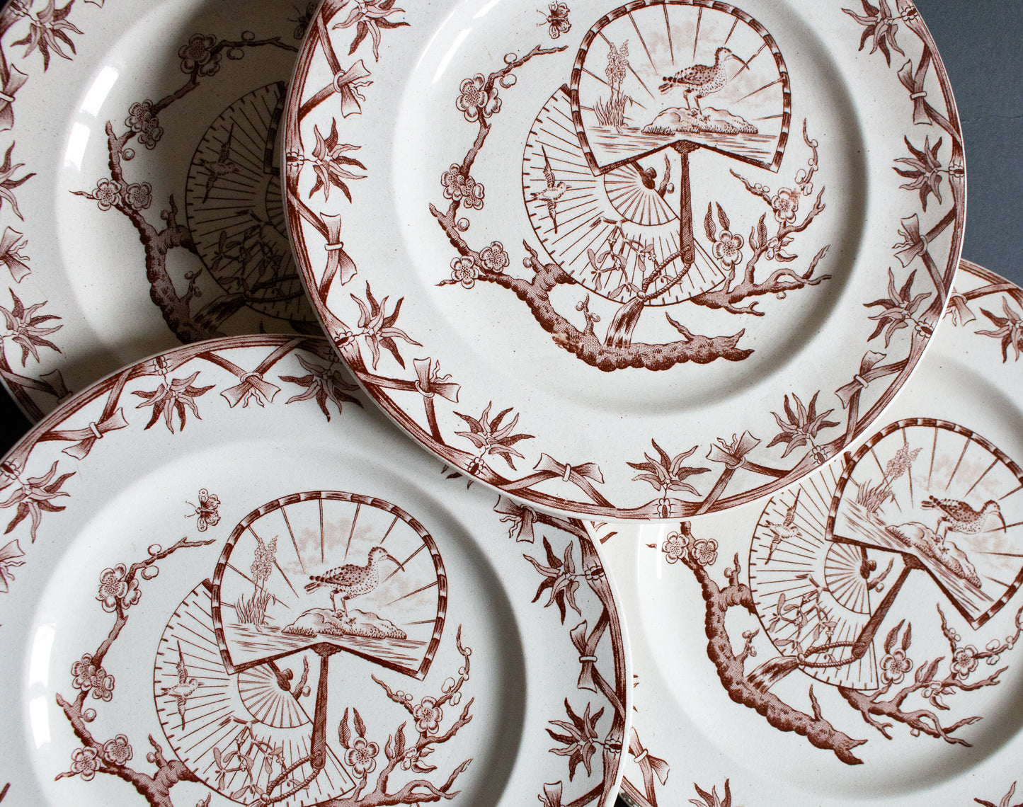 Bovey Tracey Potteries 'Fan' Pattern Brown and White Transferware 9.5" Plates (4)