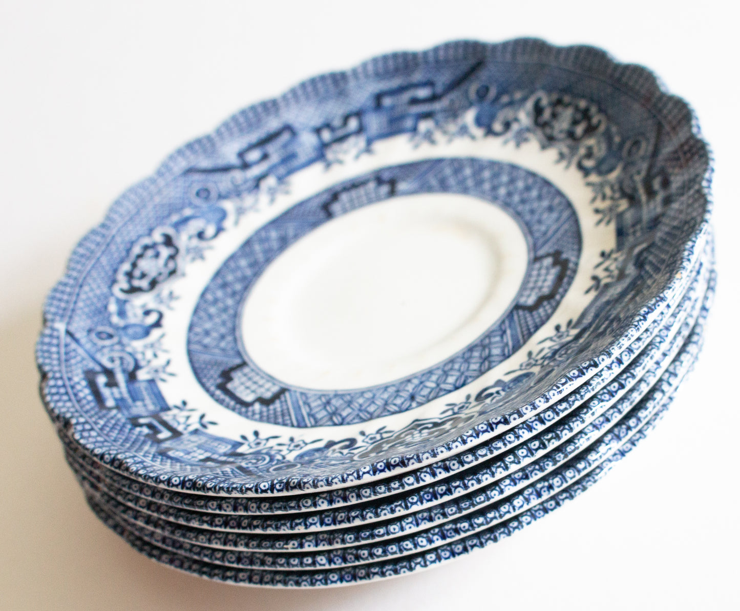 Royal Wessex 'Willow' Pattern Fluted Blue and White Transferware 5.5" Saucers (6)