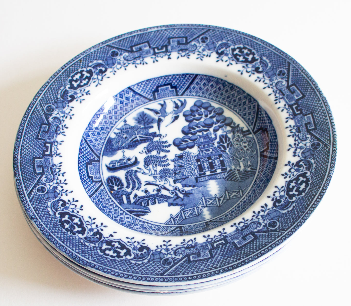 British Anchor 'Willow' Pattern Blue and White Transferware Rimmed Soup Bowls (4)