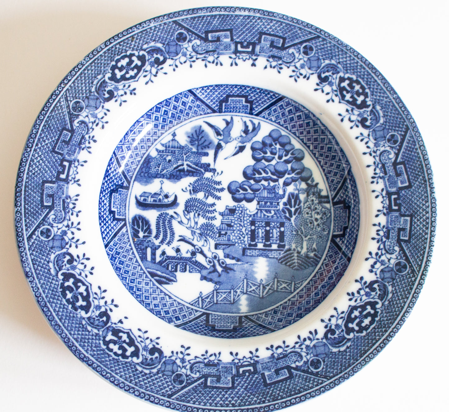 British Anchor 'Willow' Pattern Blue and White Transferware Rimmed Soup Bowls (4)