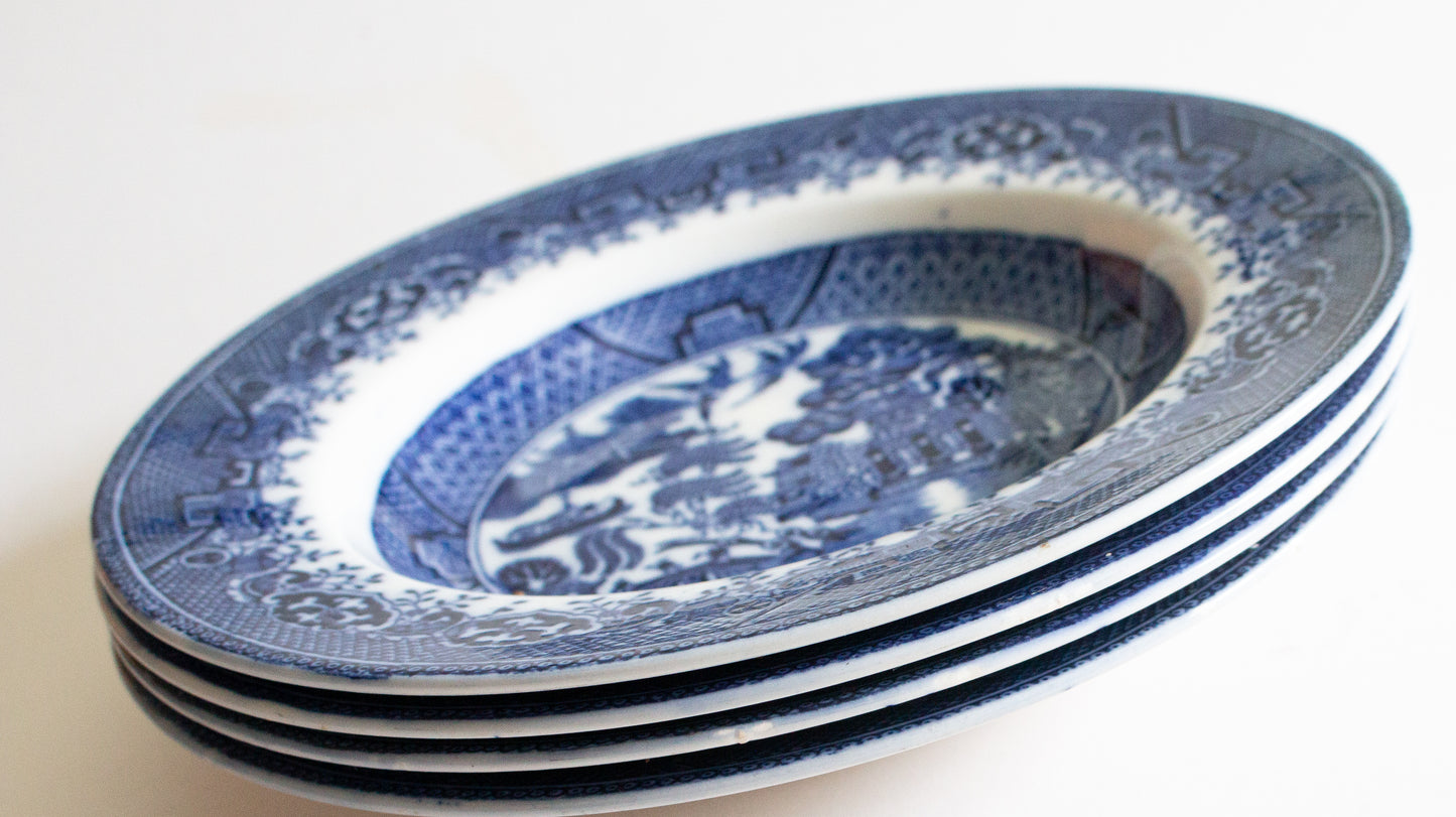 British Anchor 'Willow' Pattern Blue and White Transferware Rimmed Soup Bowls (4)