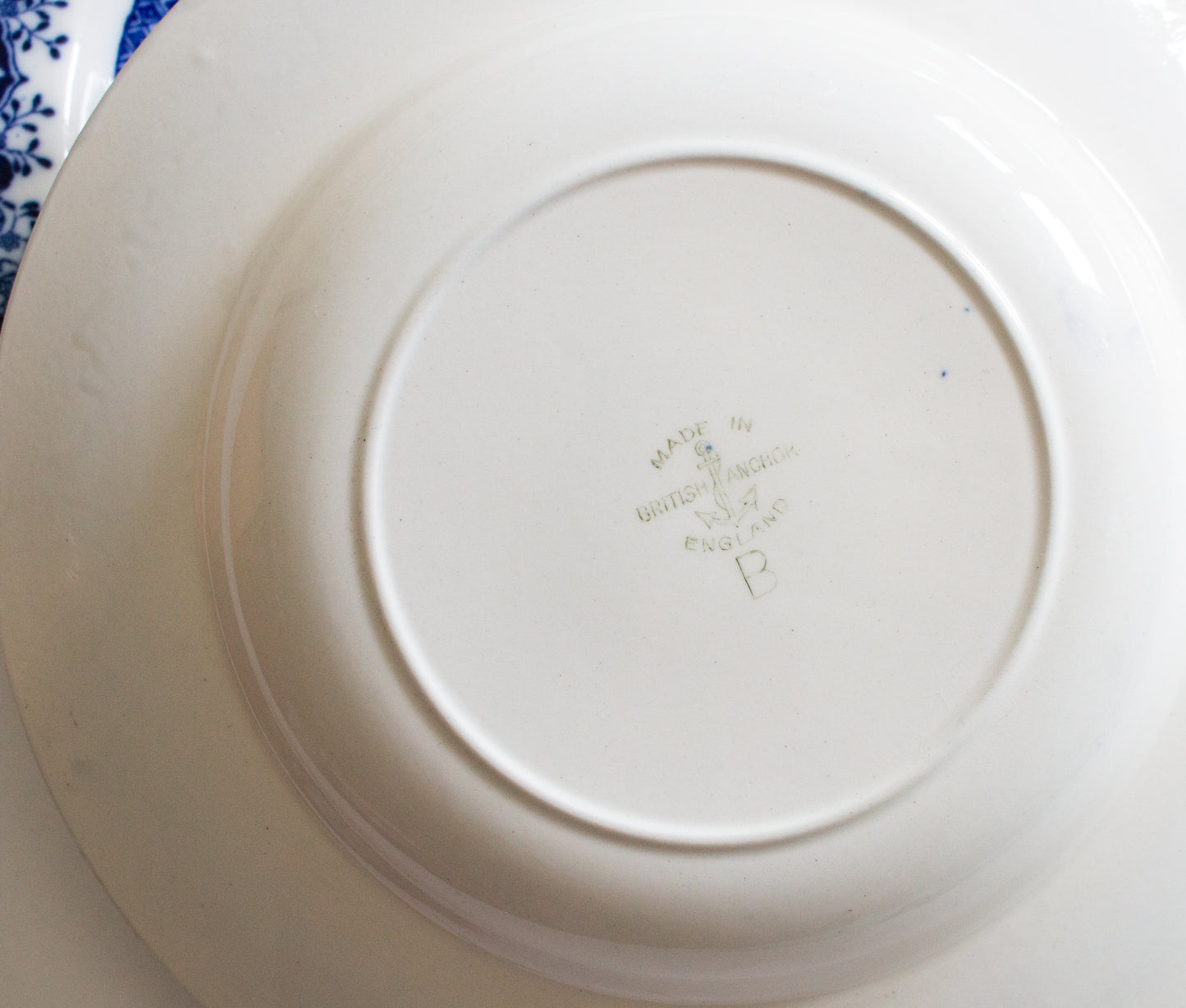 British Anchor 'Willow' Pattern Blue and White Transferware Rimmed Soup Bowls (4)