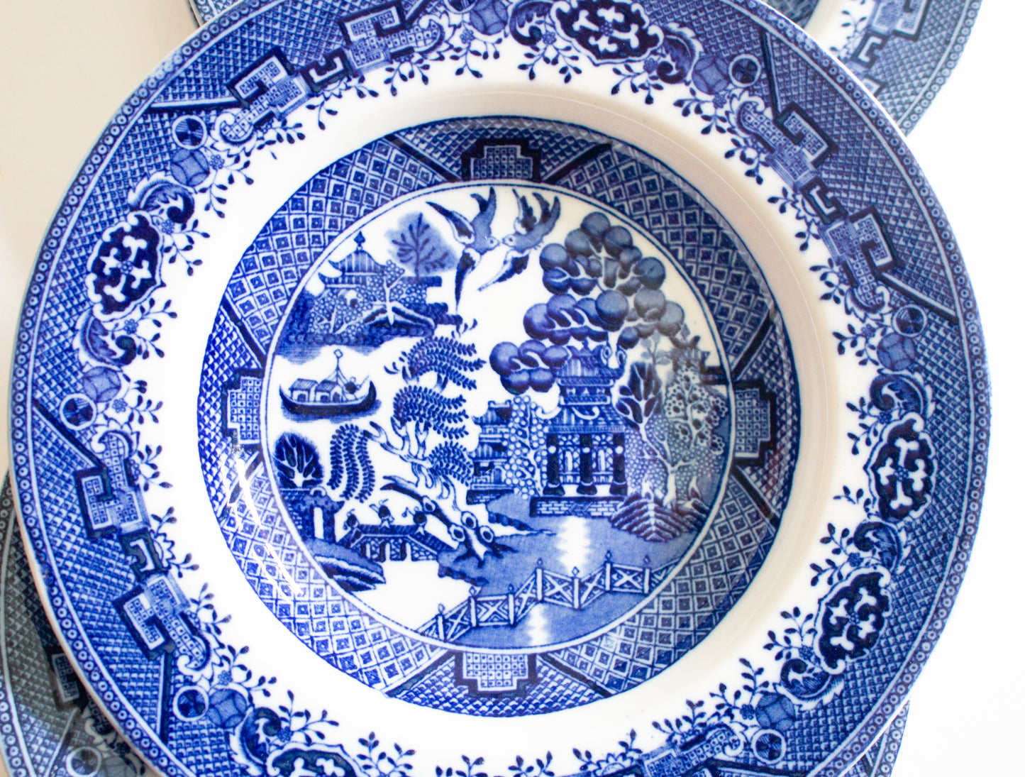 British Anchor 'Willow' Pattern Blue and White Transferware Rimmed Soup Bowls (4)