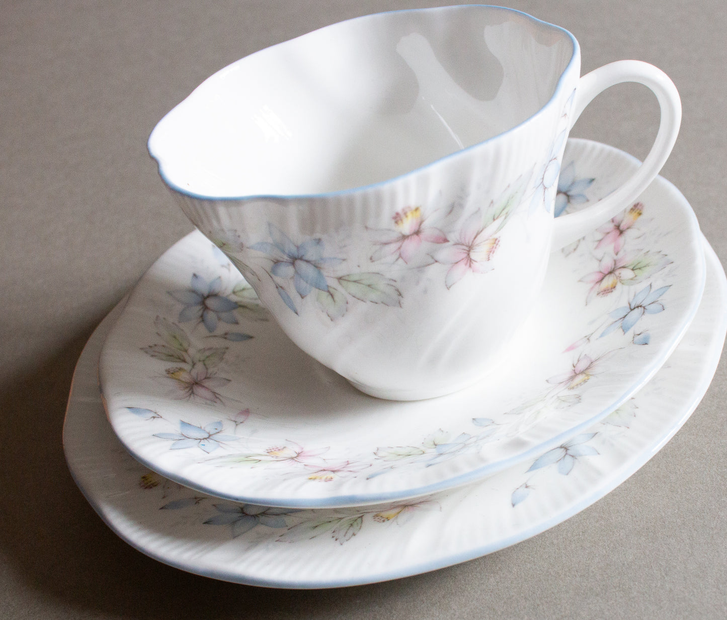 Queen's 'Claire' Pattern Bone China Blue Floral Teacup Trio