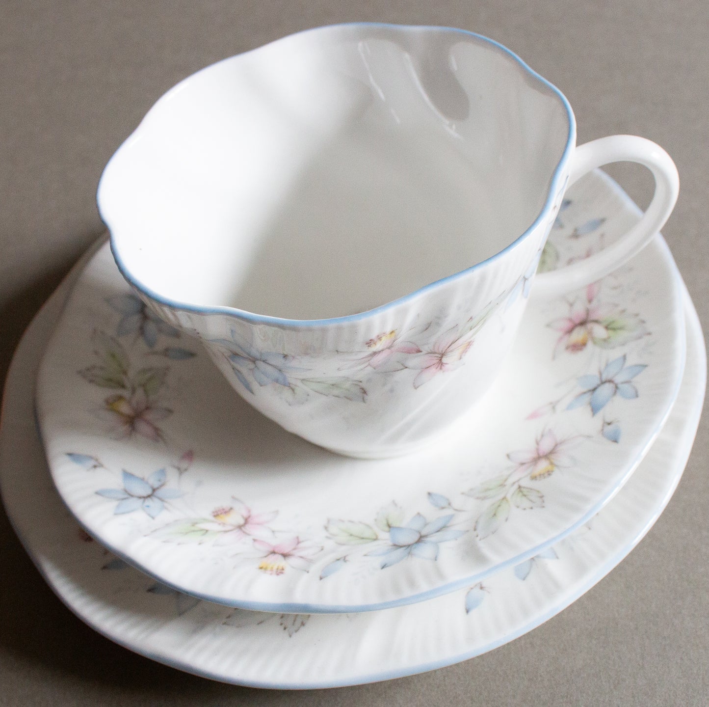 Queen's 'Claire' Pattern Bone China Blue Floral Teacup Trio