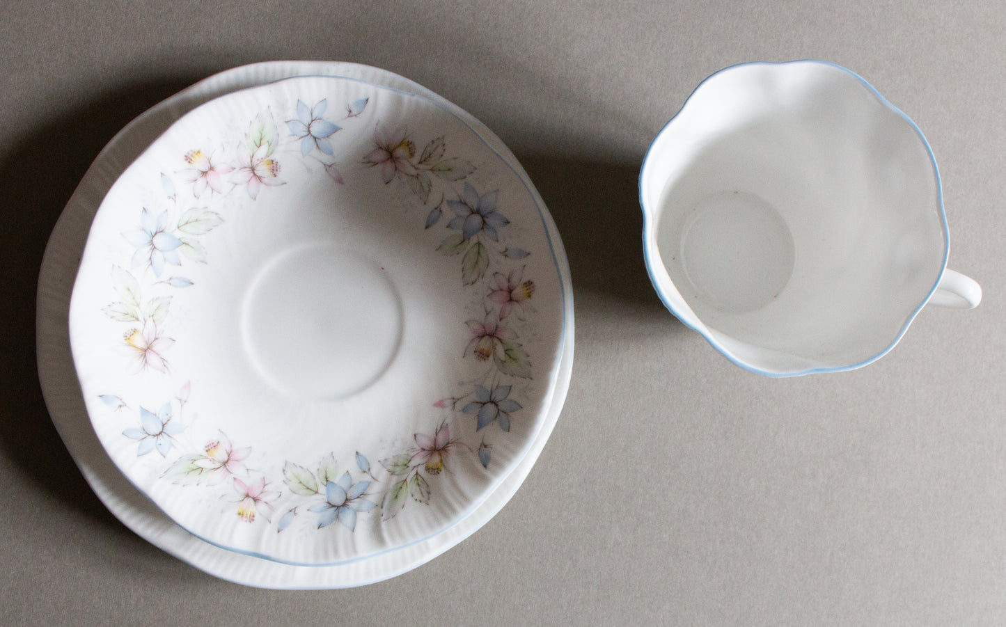 Queen's 'Claire' Pattern Bone China Blue Floral Teacup Trio