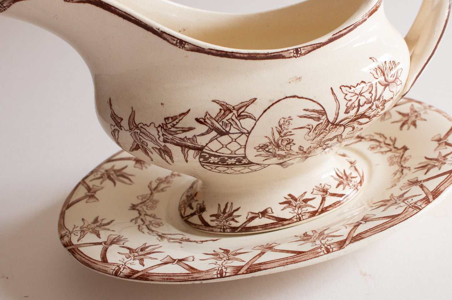 Bovey Tracey Potteries 'Fan' Pattern Brown and White Transferware Gravy Boat and Stand
