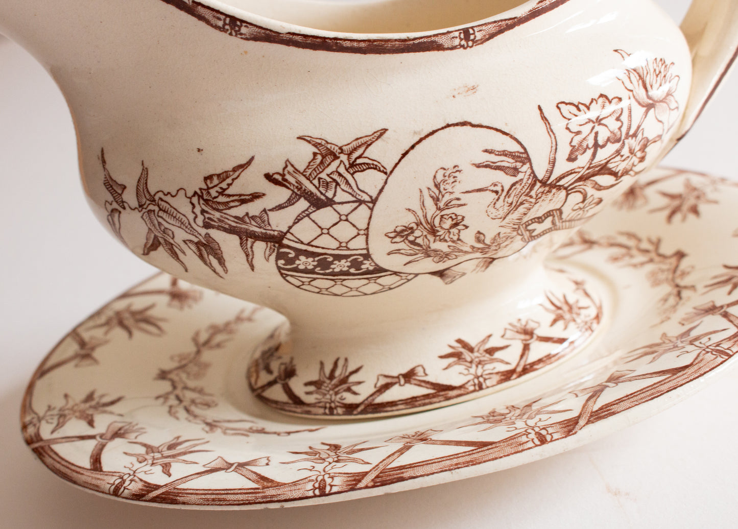 Bovey Tracey Potteries 'Fan' Pattern Brown and White Transferware Gravy Boat and Stand