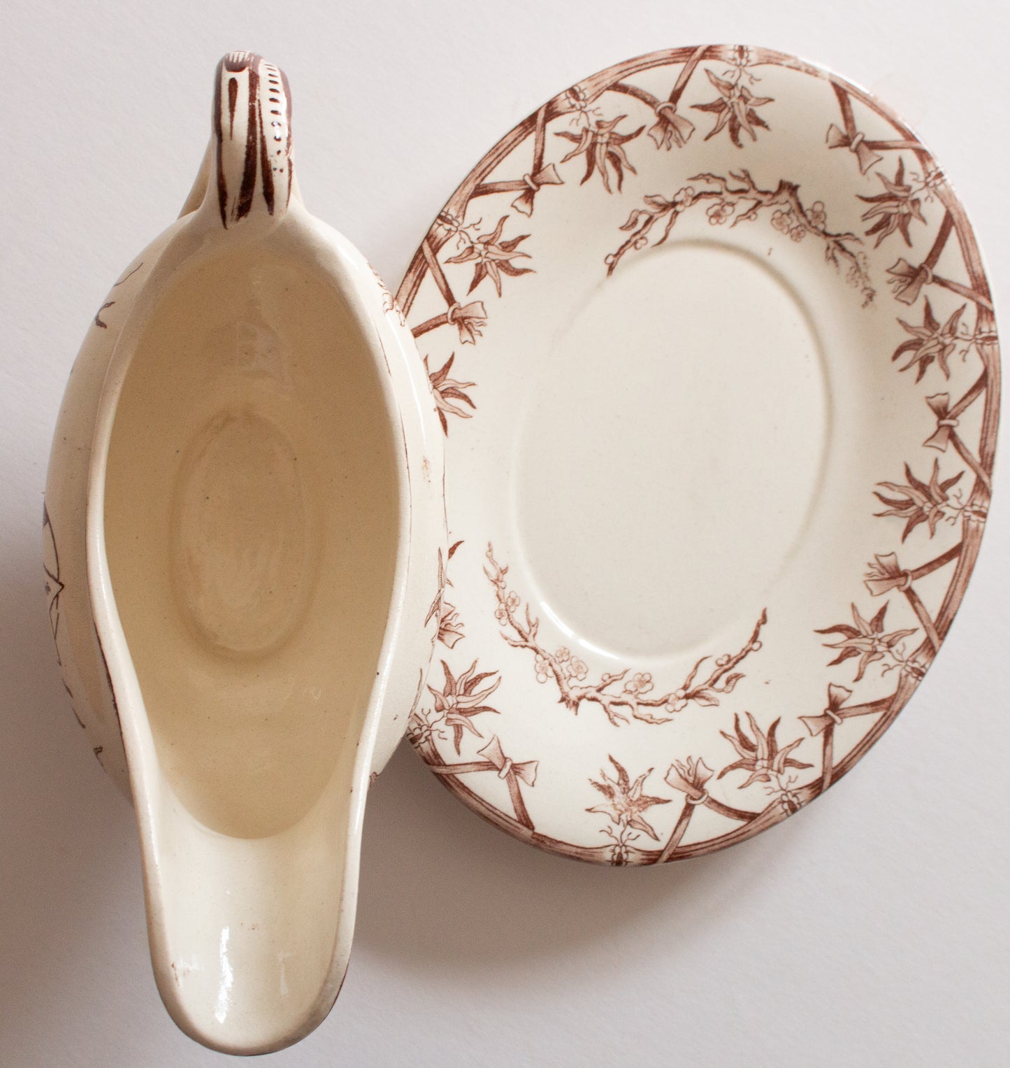 Bovey Tracey Potteries 'Fan' Pattern Brown and White Transferware Gravy Boat and Stand