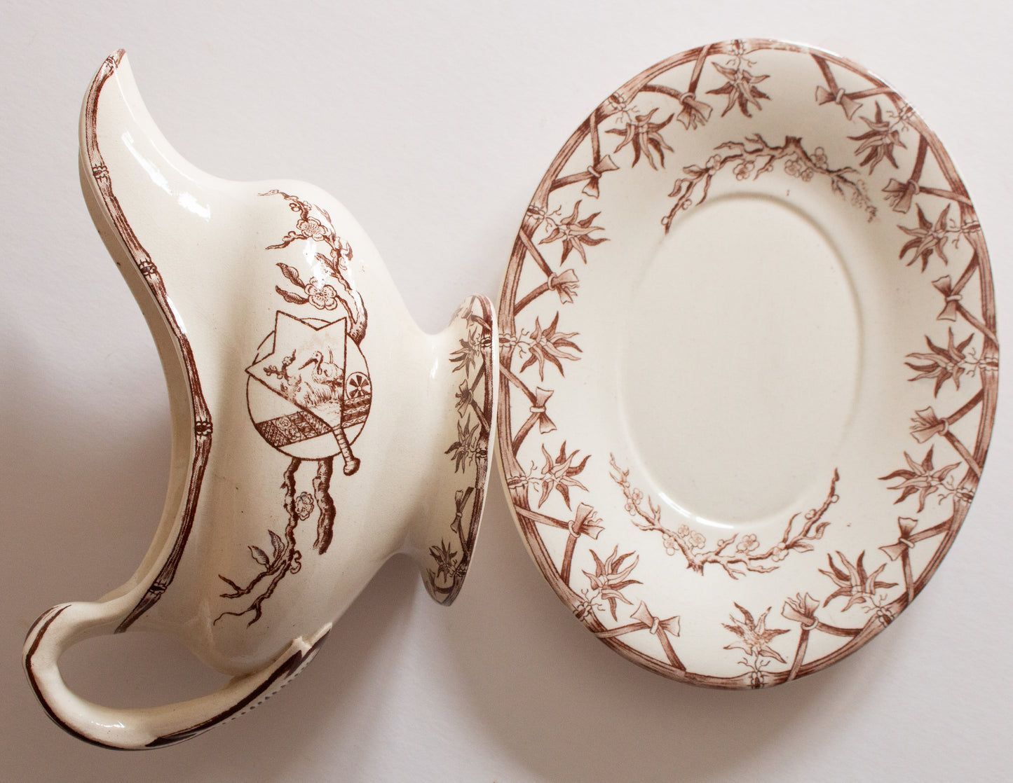 Bovey Tracey Potteries 'Fan' Pattern Brown and White Transferware Gravy Boat and Stand
