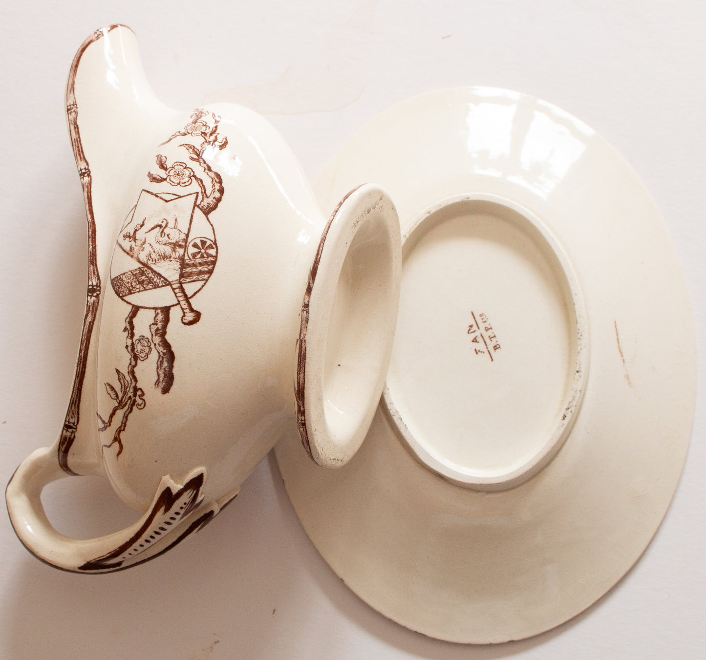Bovey Tracey Potteries 'Fan' Pattern Brown and White Transferware Gravy Boat and Stand