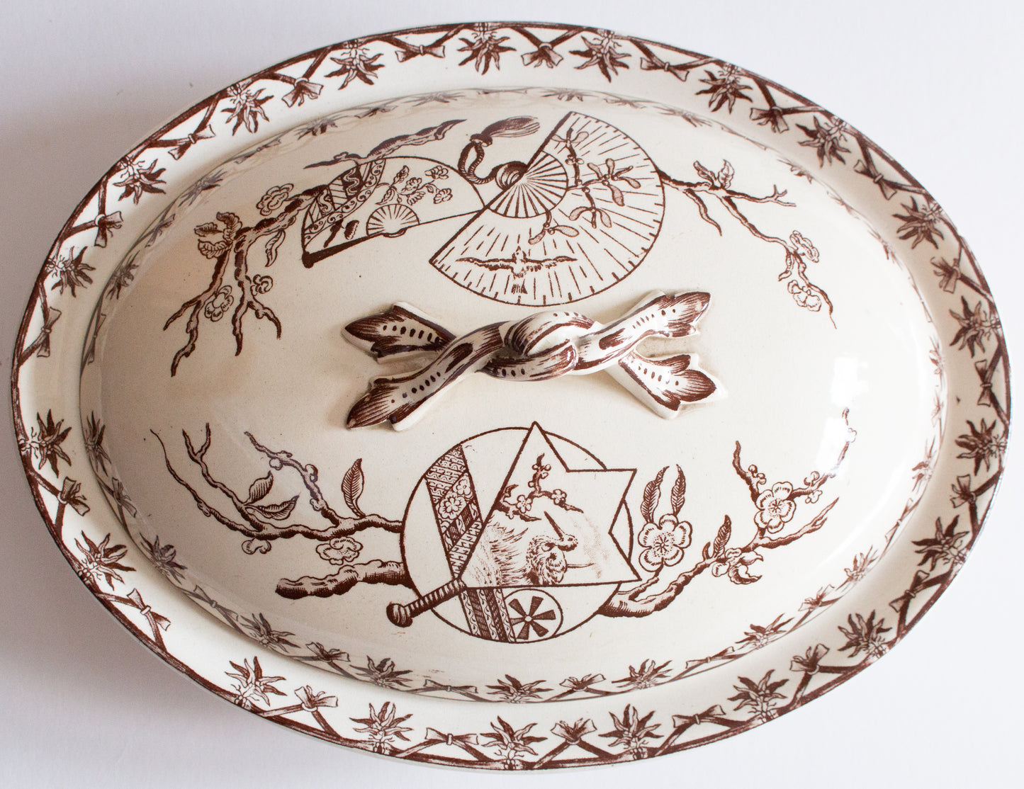 Bovey Tracey Potteries 'Fan' Pattern Brown and White Transferware Lidded Tureen
