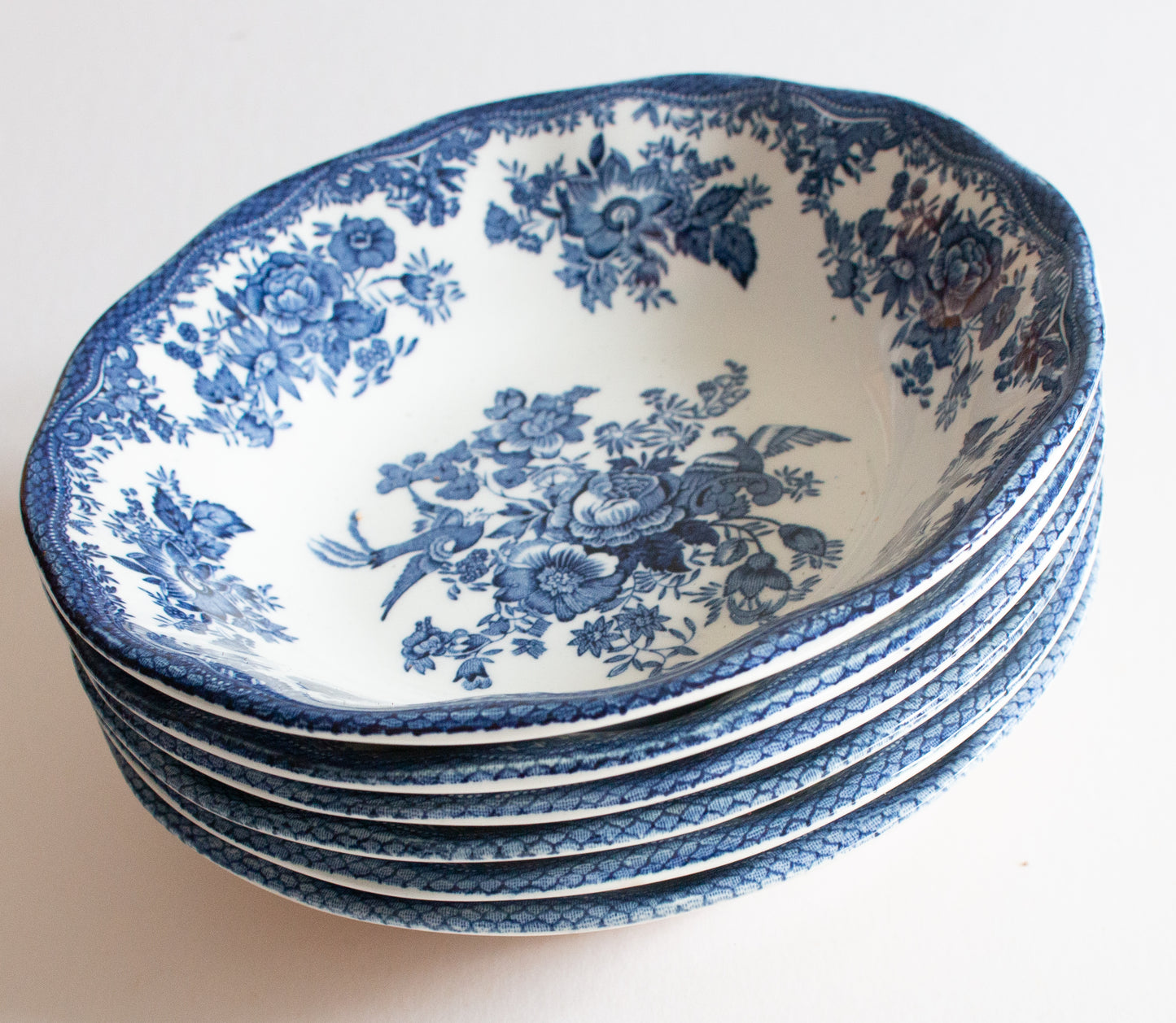 Wedwood 'Asiatic Pheasants' Pattern Blue and White Transferware Cereal or Dessert Bowls (6)