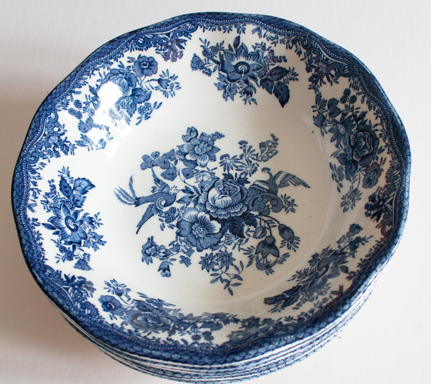 Wedwood 'Asiatic Pheasants' Pattern Blue and White Transferware Cereal or Dessert Bowls (6)