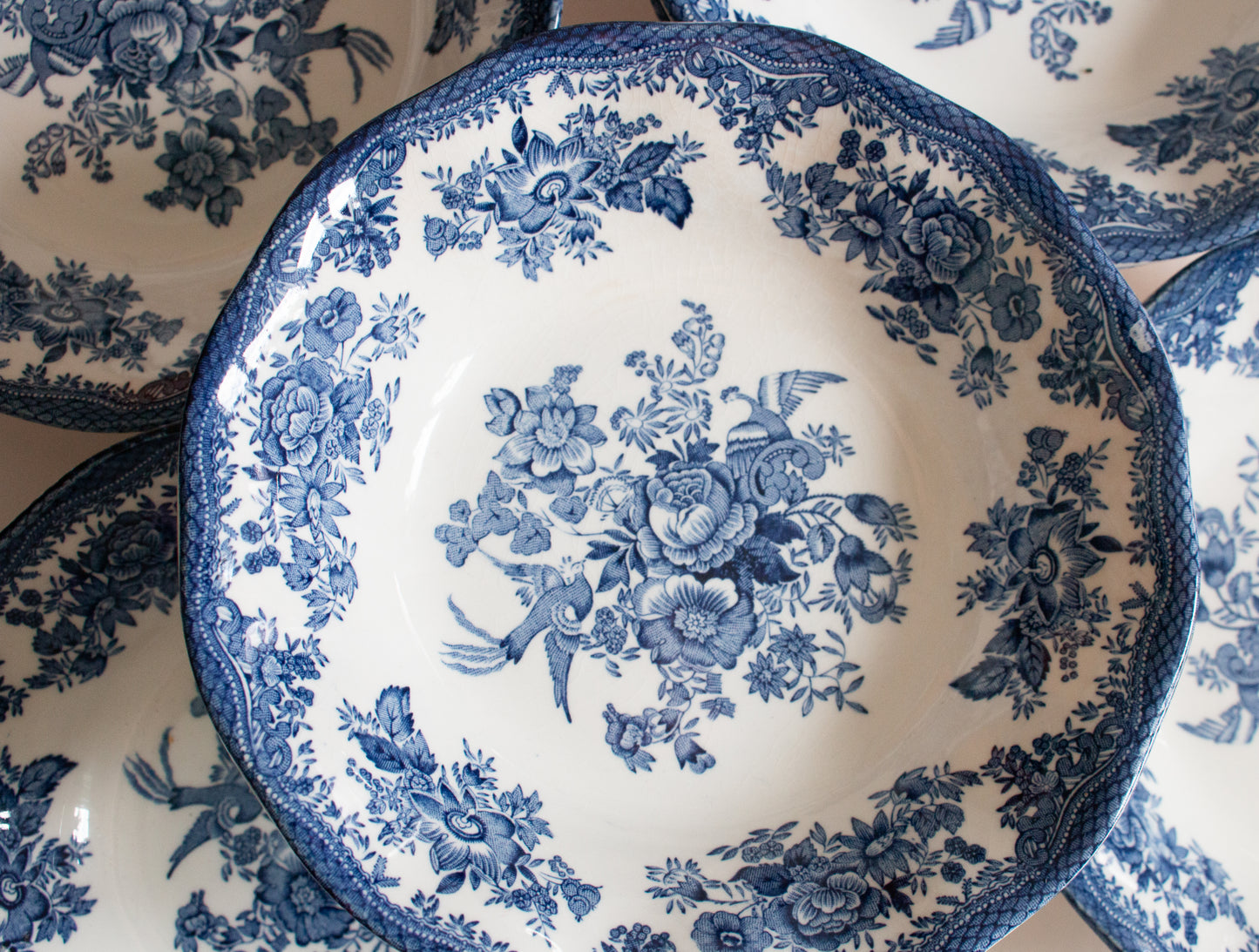 Wedwood 'Asiatic Pheasants' Pattern Blue and White Transferware Cereal or Dessert Bowls (6)