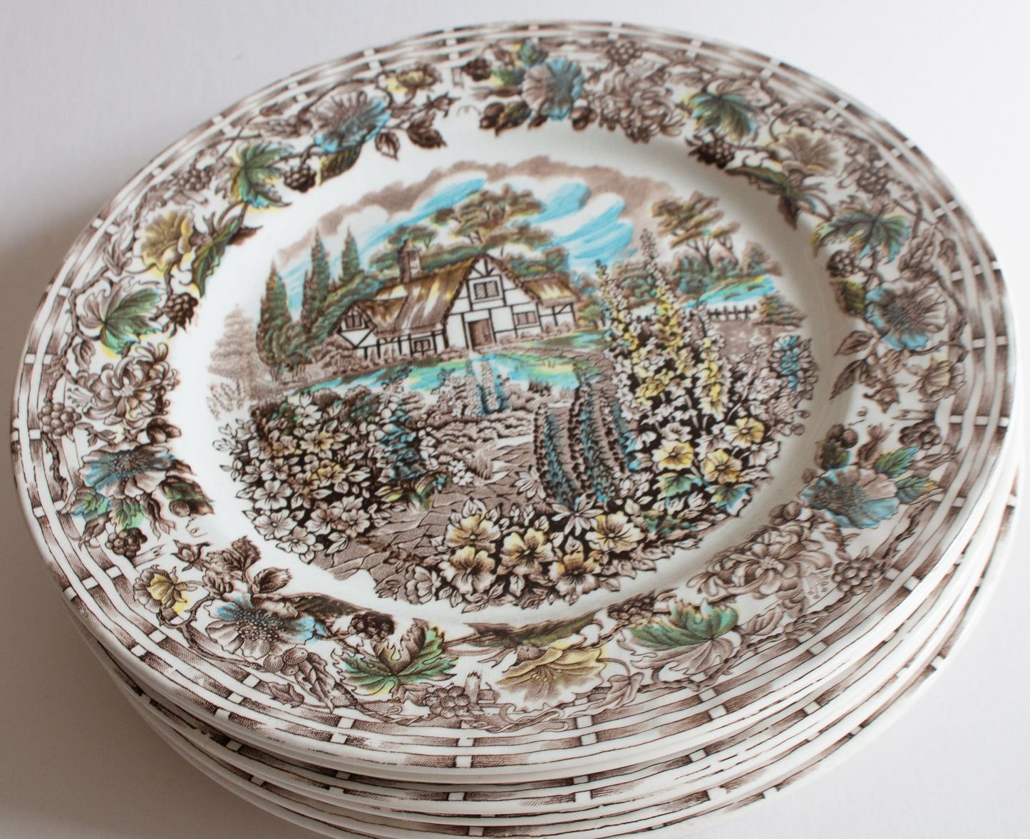 Barratts Staffordshire 'Cottage Garden' Brown Transferware 10" Dinner Plates (6)