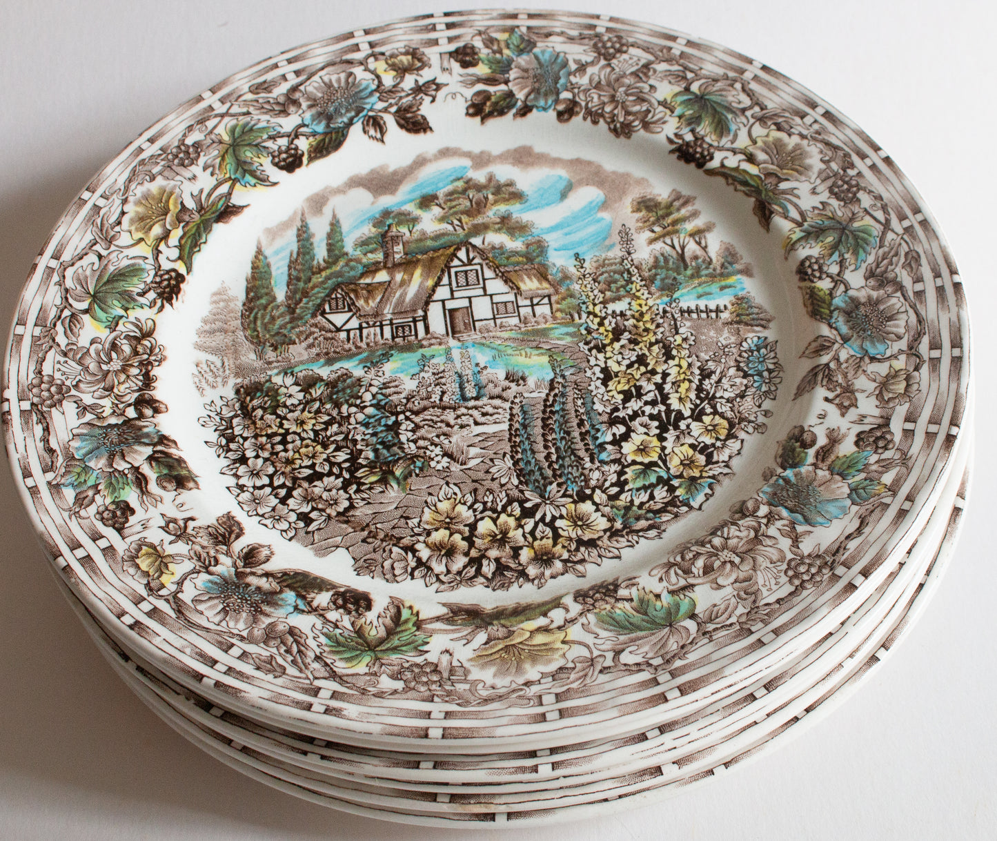 Barratts Staffordshire 'Cottage Garden' Brown Transferware 10" Dinner Plates (6)
