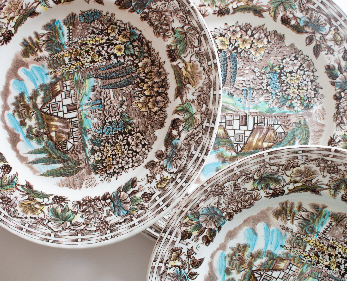 Barratts Staffordshire 'Cottage Garden' Brown Transferware 10" Dinner Plates (6)
