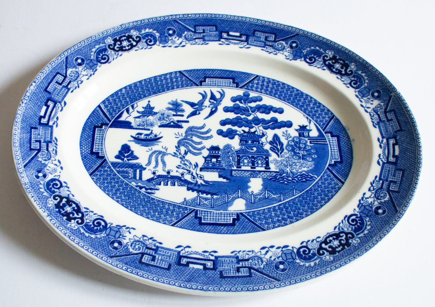 Fenton Victoria Porcelain 'Willow' Pattern Blue and White Transferware Serving Platter