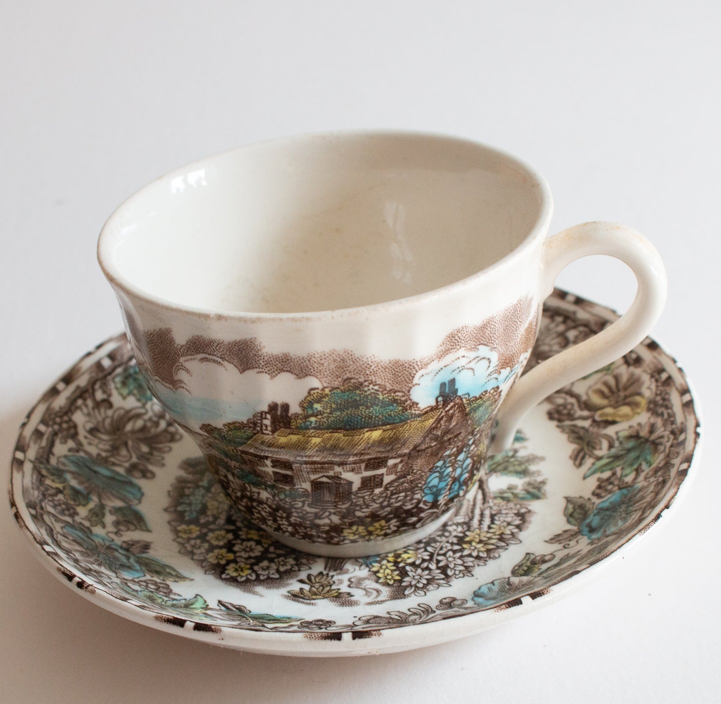 Barratts Staffordshire 'Cottage Garden' Brown Transferware Teacup and Saucer
