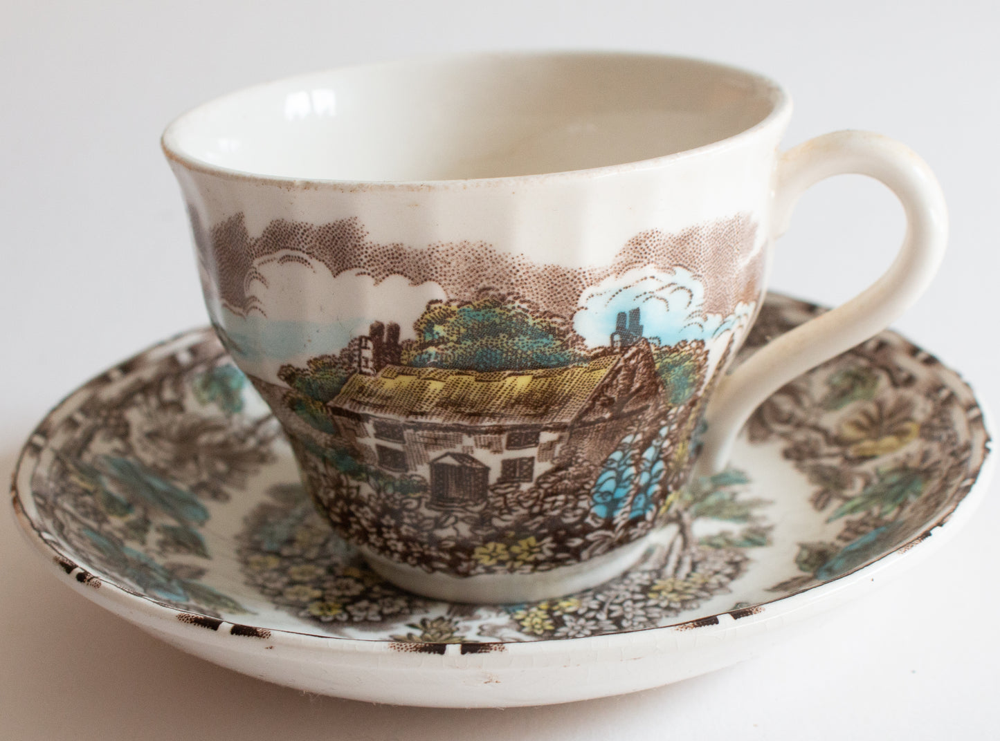 Barratts Staffordshire 'Cottage Garden' Brown Transferware Teacup and Saucer