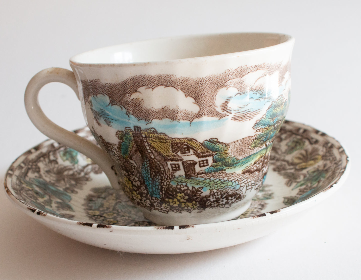 Barratts Staffordshire 'Cottage Garden' Brown Transferware Teacup and Saucer