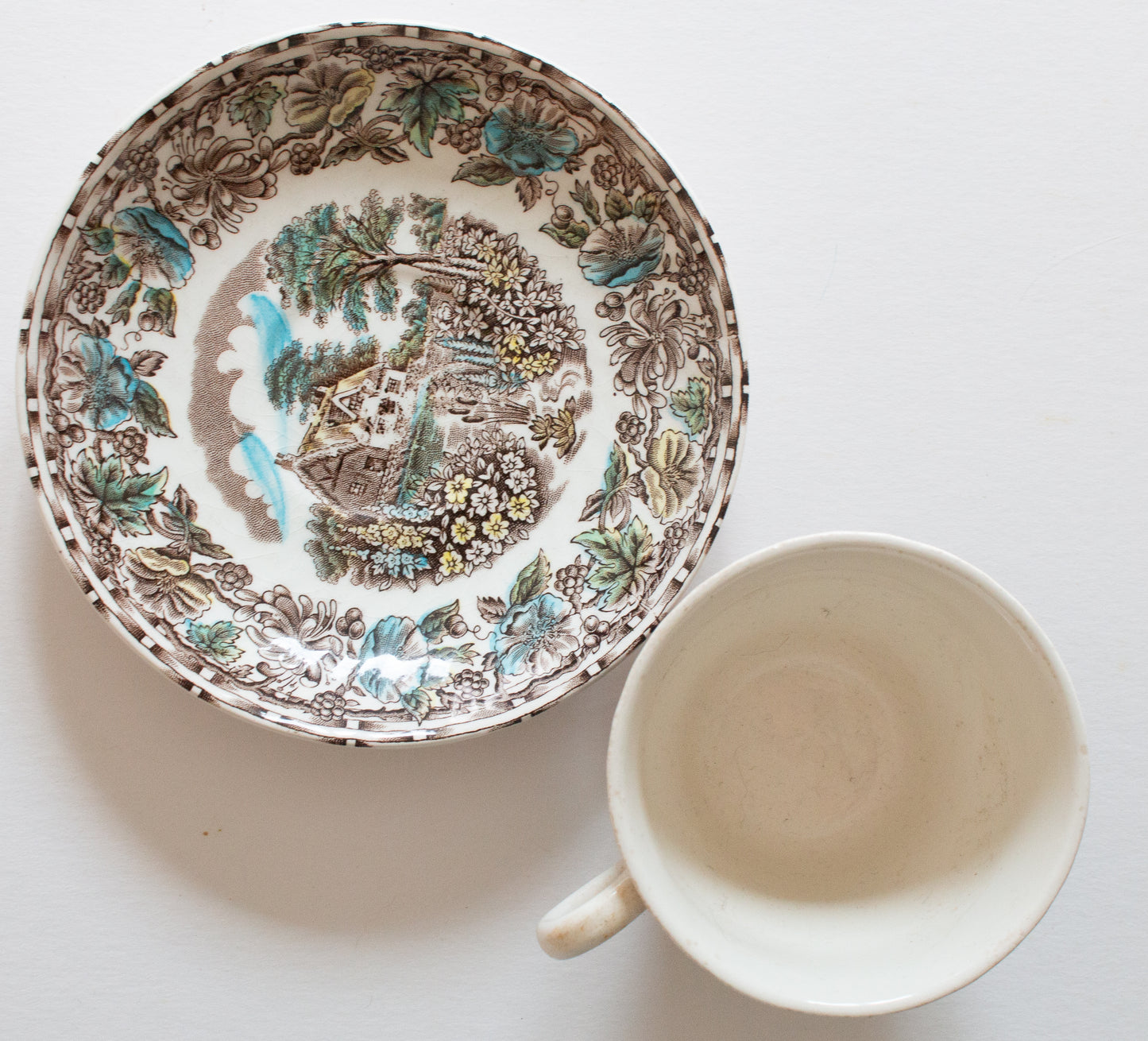 Barratts Staffordshire 'Cottage Garden' Brown Transferware Teacup and Saucer