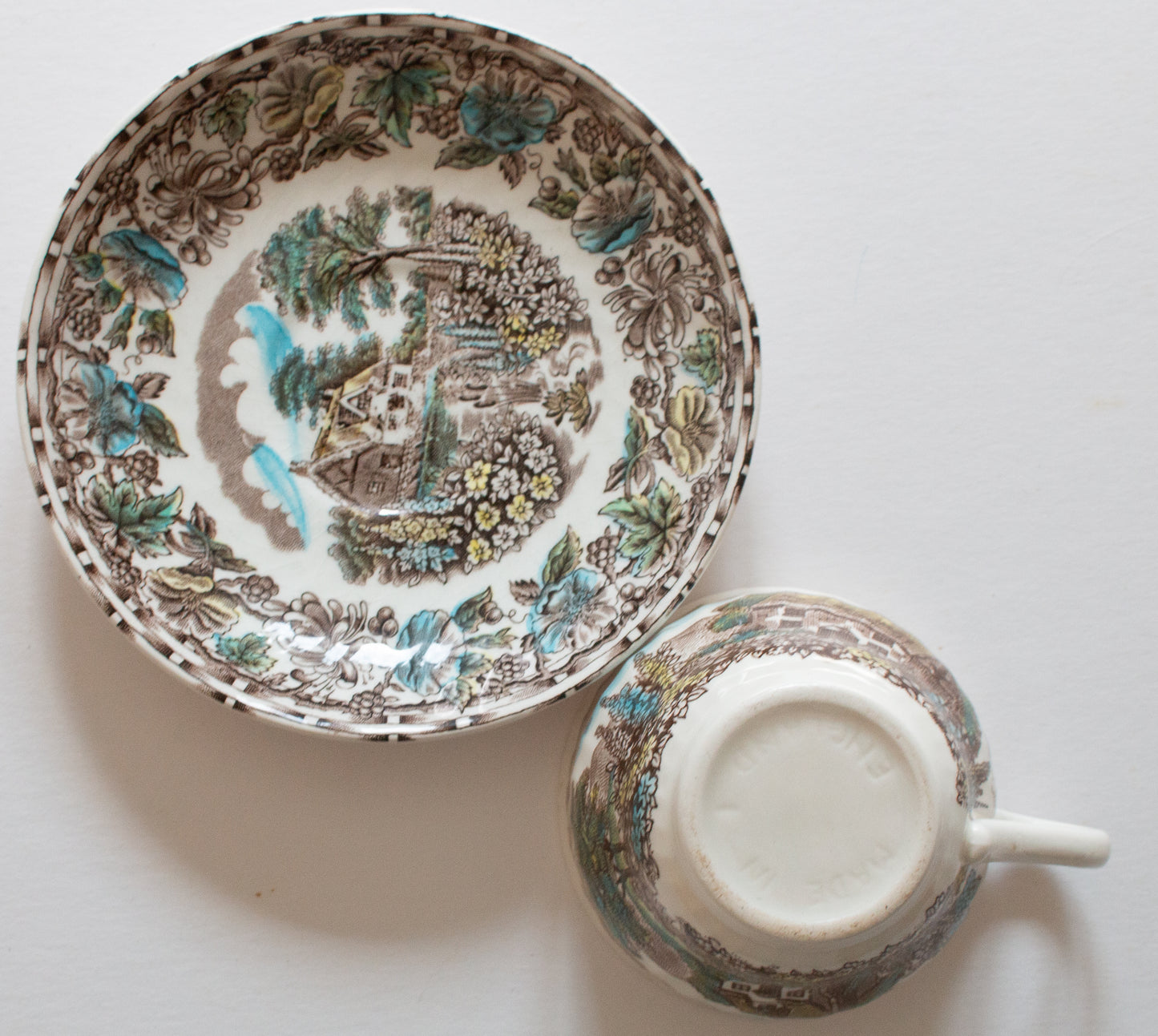 Barratts Staffordshire 'Cottage Garden' Brown Transferware Teacup and Saucer