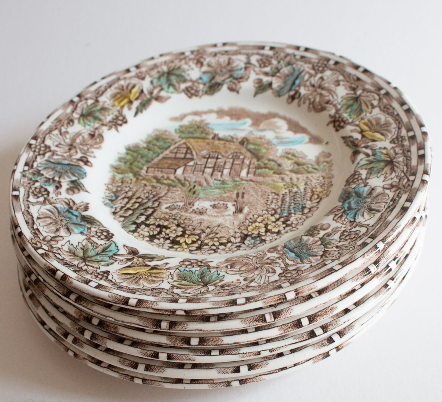 Barratts Staffordshire 'Cottage Garden' Brown Transferware 7" Side Plates (6)